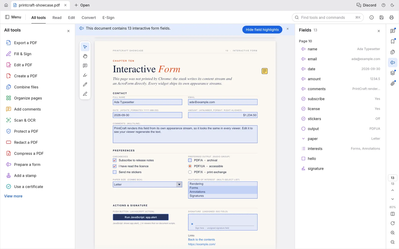 An interactive form with highlighted text fields, checkboxes, radio buttons, a list and a signature field, and the Fields panel listing 13 fields