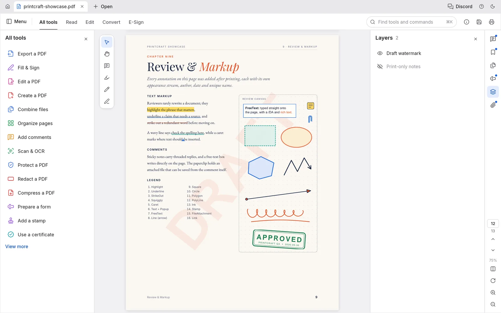 A review page with highlights, shapes, ink and an APPROVED stamp under a DRAFT watermark, with the Layers panel open