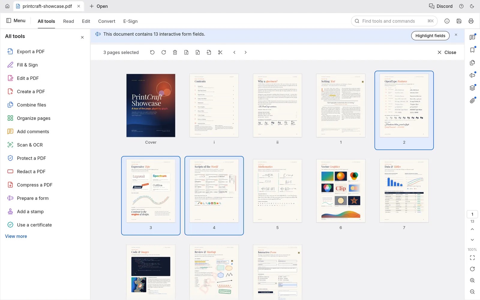 The Organize pages grid with a document’s pages as thumbnails, three of them selected, and the page toolbar above