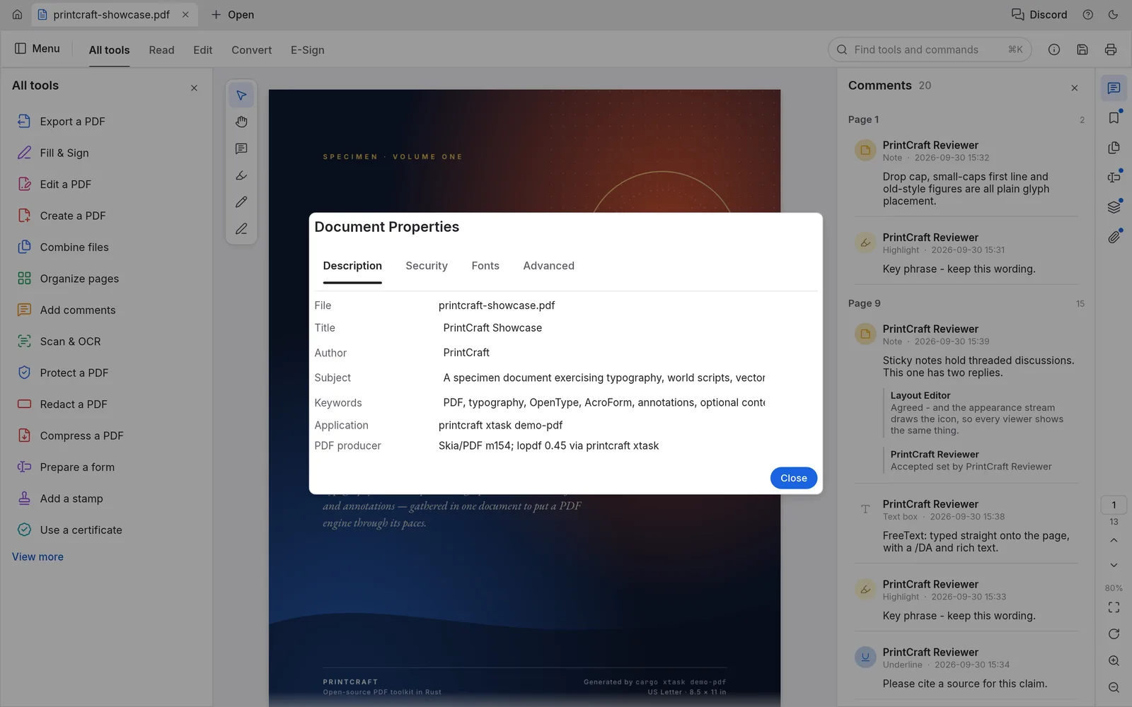 The Document Properties dialog on its Description tab, with editable title, author, subject and keywords