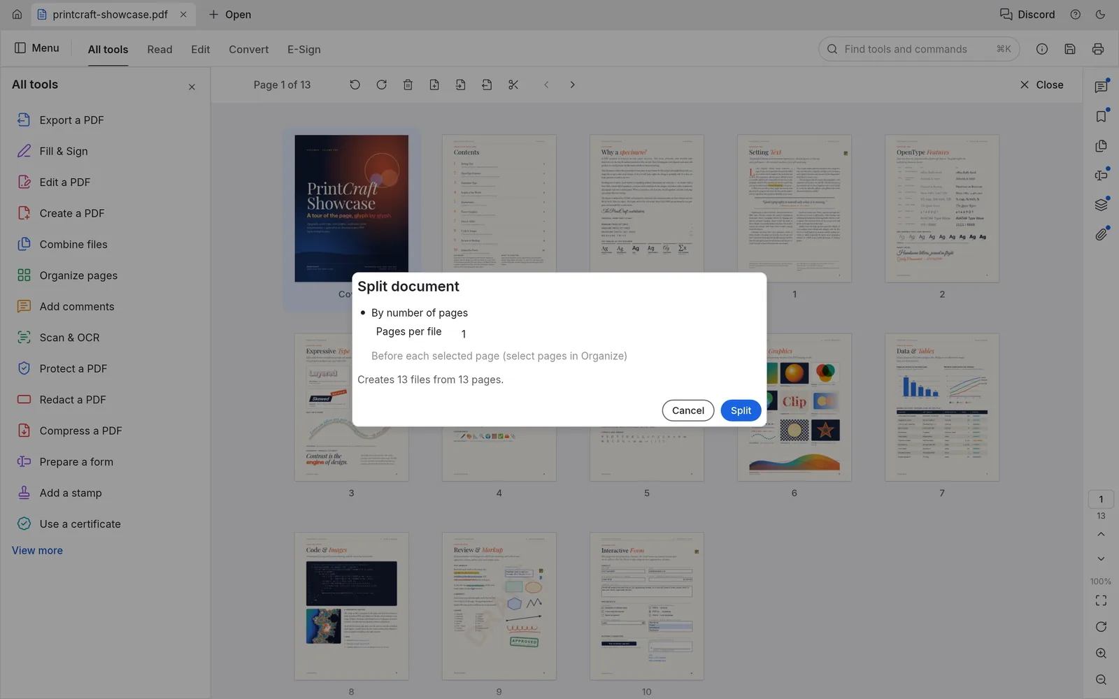 The Split document dialog set to one page per file, reporting that it creates 13 files from 13 pages