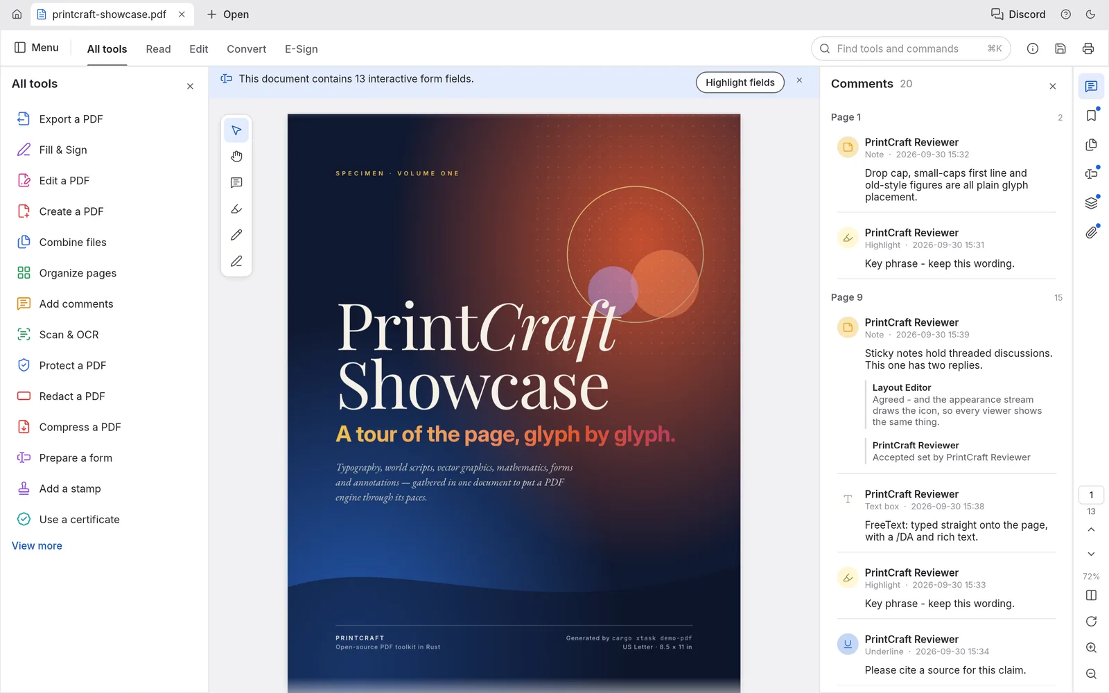 PdfCraft with a 13-page showcase PDF open, the All tools panel on the left and threaded comments on the right